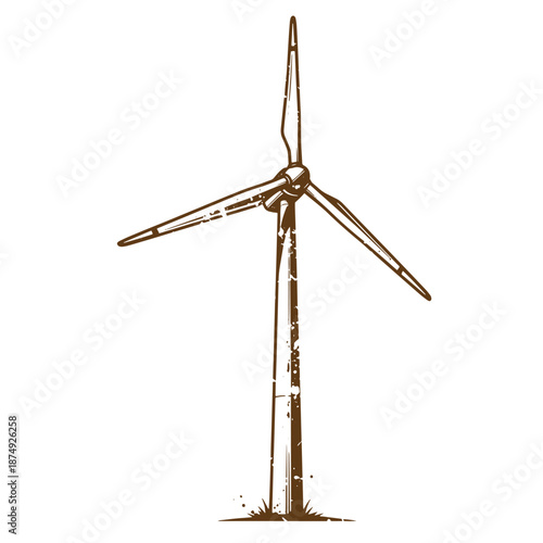 Drawing Vintage Brown wind turbine illustration with three blades on grassy ground  renewable energy concept