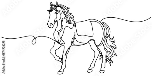 horse continuous one line drawing,  Horse linear minimal style, Continuous one line drawing of a horse in stride, representing freedom and grace, line art style vector illustration. 