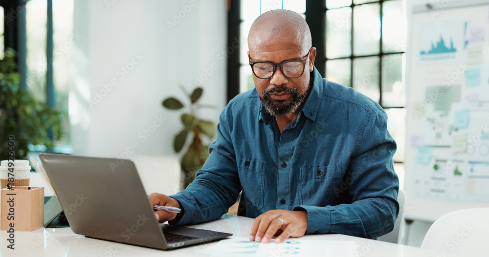 custom made wallpaper toronto digitalLaptop, office and business black man with graph for financial review, statistics or budget report. Corporate, planning and person on computer with chart, documents and research for finance analysis