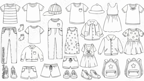 Collection of childrens clothing and accessories line art.