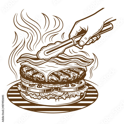 Drawing Vintage grilled hamburger with cheese being flipped by spatula on grill plate