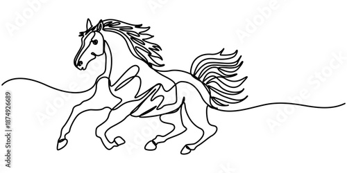 horse continuous one line drawing,  Horse linear minimal style, Continuous one line drawing of a horse in stride, representing freedom and grace, line art style vector illustration. 