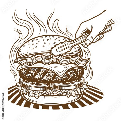 Drawing Vintage Hand applying cheese to a grilled burger with bacon and lettuce on a plate