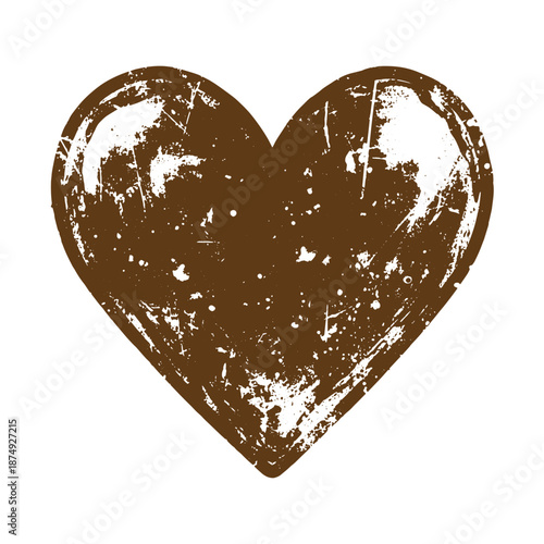 Drawing Vintage Grungy brown heart shape with white scratches and splatters isolated on white background