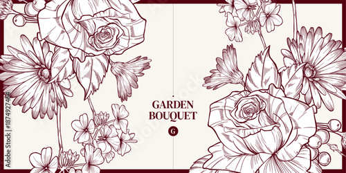 Vintage floral postcard with herbs and flowers, vector illustration. Flower clip art of calendula, roses, and pelargonium with berries for a spring card or background. Bouquet of garden flowers.