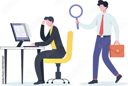Micromanaging boss, toxic manager monitoring every details, excessive supervision and control of employee work and processes, micromanager boss using magnifying glass keep looking at employee working.