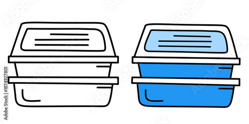 Plastic lunch box illustration set. Cartoon food container icon. Meal prep storage box vector. Blue and outline lunchbox clipart