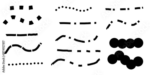 Set of black dotted and dashed brush lines. Minimalist hand-drawn geometric border elements. Vector ink dashed strokes and point patterns