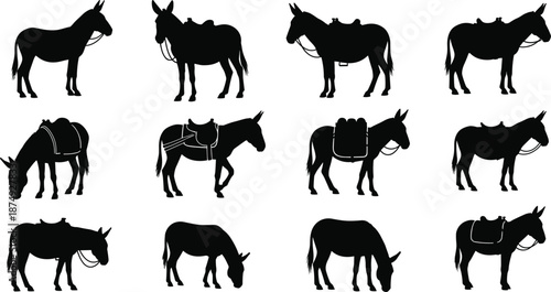 Black donkey silhouette vector collection featuring various poses like standing and grazing with saddles for rural farm designs, equestrian icons, and western themed graphic illustrations