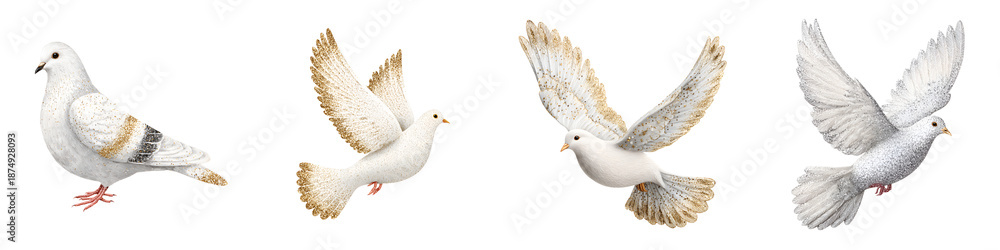 Fototapeta premium Dove Collection: White Pigeons Flying on White Background