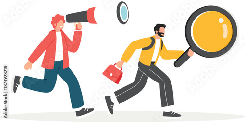 Find business information people. people holding magnifying glasses on a search box. investment opportunity concept. Job hiring and online recruitment. Human resources. vector illustration flat.