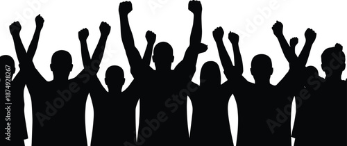 Cheering people silhouette with raised hands, group of successful people celebrating victory, happy audience at concert, sports fans excitement, protest rally, vector illustration