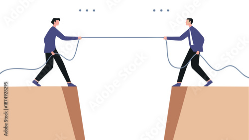Two businessman in suit pull the rope at edge of cliff, symbol of rivalry, competition, conflict Tug of war vector illustrator