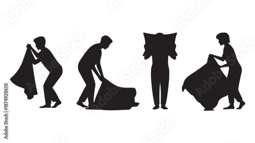 People folding clothes in a routine domestic style with black silhouettes on a white background as a vector illustration for laundry service infographics.
