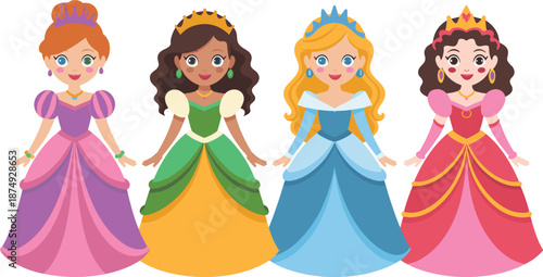 Collection of four cute fairytale princesses in colorful ball gowns with crowns and jewelry, diverse royal characters for children storybooks, isolated on white background.