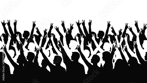 cheering crowd silhouette with raised hands at concert or sporting event, audience celebration at music festival, black and grey people background, vector illustration.