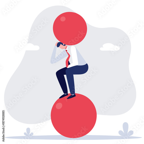 Burden, obligation to pay off, heavy stress problem or difficulty, work pressure thinking to make decision, overload duty or overthinking concept, businessman thinking with heavy burden boulder rock.
