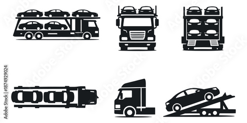 Vector illustration car carrier set featuring various views of auto transporters and vehicle loading for transportation and logistics concepts