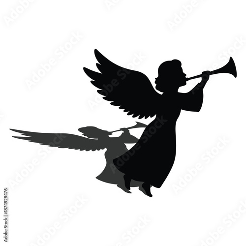 angel silhouette playing trumpet with shadow on white background