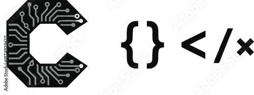 C programming language concept illustration with circuit letter C, code brackets and symbols representing software development and modern 