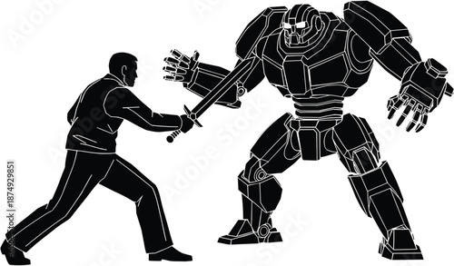 Human versus robot combat illustration, man fighting advanced android, artificial intelligence conflict, futuristic warfare and sci fi technology battle concept