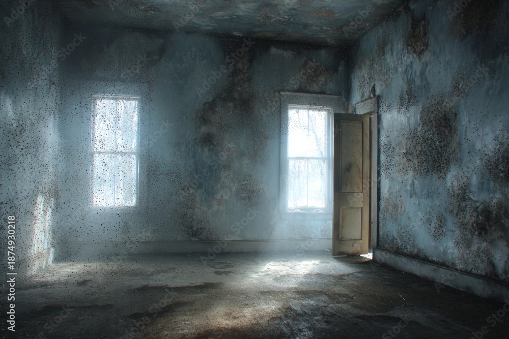 Fototapeta premium A moldy room in a mystery, spores leading to a shocking discovery.