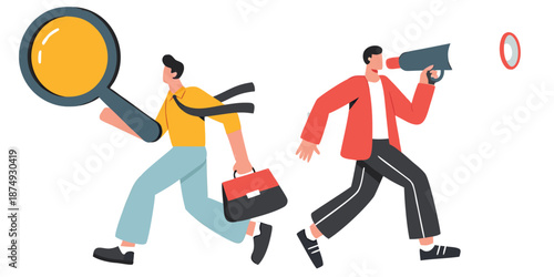Find business information people. people holding magnifying glasses on a search box. investment opportunity concept. Job hiring and online recruitment. Human resources. vector illustration flat.