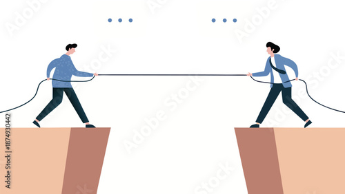 Two businessman in suit pull the rope at edge of cliff, symbol of rivalry, competition, conflict Tug of war vector illustrator