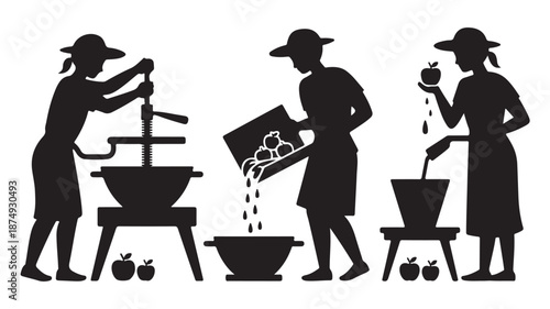 People making apple cider in traditional silhouette style with black and white vector illustration for harvest festival design.