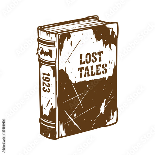 Drawing Vintage A brown vintage book with the words Lost Tales on the cover and the year 1923 on the spine depicting an old leather bound book with scratches and worn appearance