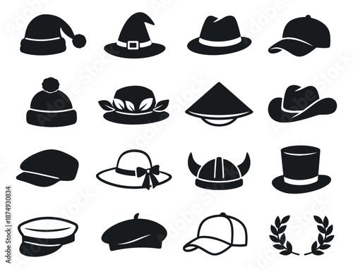 Silhouette hats and headwear set featuring a fedora, witch hat, beanie, and baseball cap for diverse fashion and costume designs