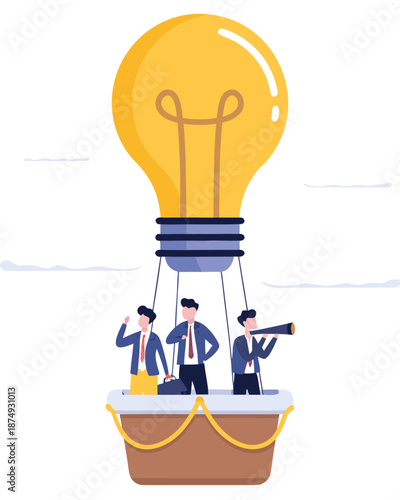 Group of business people flying in the sky on hot air balloons and planning ahead. looking through spyglass over mountain peaks