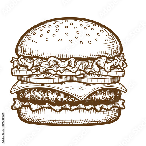 Drawing Vintage A detailed illustration of a classic cheeseburger with lettuce and cheese on a sesame seed bun