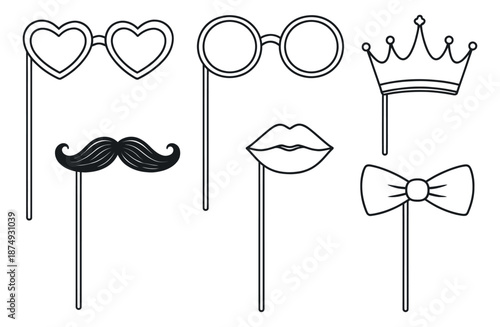 Hand drawn line art photo booth props set featuring mustache, lips, glasses, crown, and bow tie for parties and celebrations