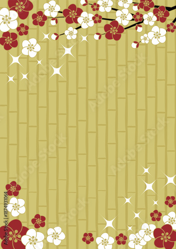 梅と竹垣、金、背景イラスト、かわいい、シンプル、縦