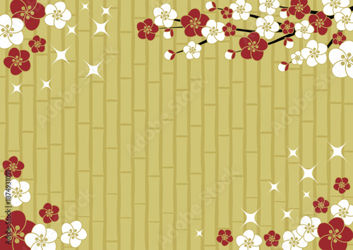 梅と竹垣、金、背景イラスト、かわいい、シンプル、横