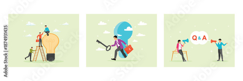 Help support team concept. Success secret key discovery. Question and answer session.