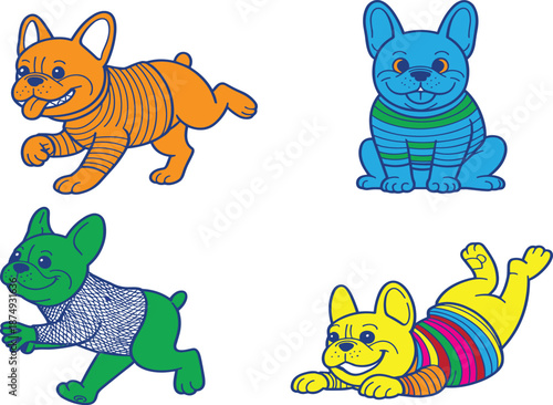 Set of colorful French Bulldog vector illustrations featuring cute cartoon dogs in various poses like sitting, running, and lying down.