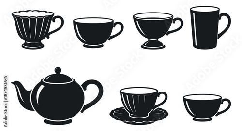 Classic silhouette tea and coffee set featuring different styles of teacups, coffee cups, a mug, and a teapot for beverage designs