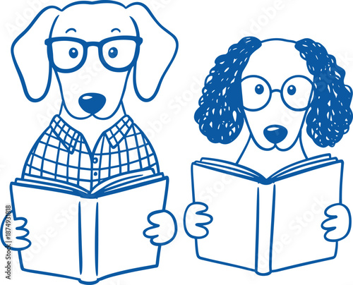 Set of cute hand drawn line art vector illustrations featuring smart dogs wearing glasses and reading open books.