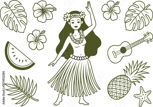 Tropical Hawaii collection featuring a hula dancer in traditional attire, ukulele, pineapple, hibiscus flowers, monstera leaves, watermelon, and starfish in a clean olive-green line-art style.