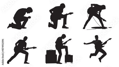 Dynamic Guitarist Silhouettes in Energetic Rock Poses with High Contrast Black and White Vector Illustration for Music Event Promotion.