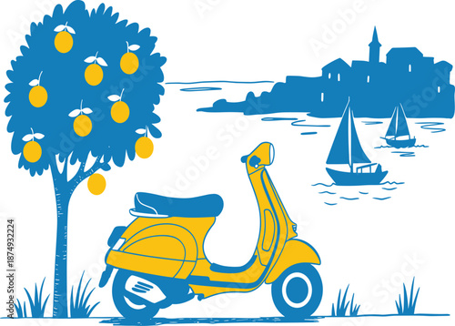 Vibrant Mediterranean summer illustration featuring a yellow motor scooter parked by an orange tree, with a seaside coastal town and sailboats in a blue and yellow flat-style silhouette.