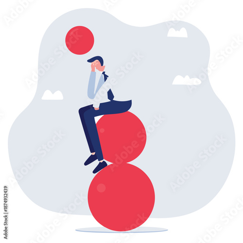 Burden, obligation to pay off, heavy stress problem or difficulty, work pressure thinking to make decision, overload duty or overthinking concept, businessman thinking with heavy burden boulder rock.

