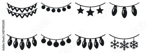 Minimalist graphic garland and string light set featuring bunting flags, stars, snowflakes, and light bulbs for holiday parties and celebrations