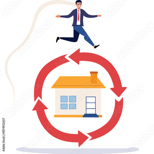 mortgage loan or reverse mortgage, property or real estate payment method for regular payment, businessman with reverse mortgage with reverse direction symbol
