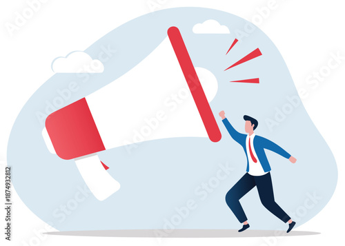 Announcement or storytelling, communication skill or shouting out loud, sending message or attention warning, speak or boss aggression concept, businessman boss shouting on megaphone or loudspeaker.
