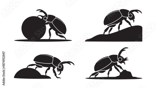Dung Beetle Silhouettes Graphic Illustration Set with Black Monochrome Contrast on White Background for Nature Icons and Educational Design.