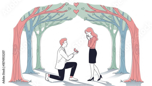 Man proposing marriage to woman with engagement ring romantic proposal scene under trees with heart shapes illustration for love and relationship concepts