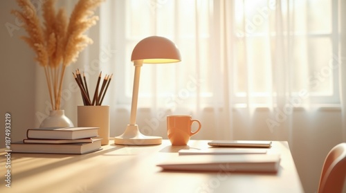 Cozy home office desk with warm lamp and dried flowers by window